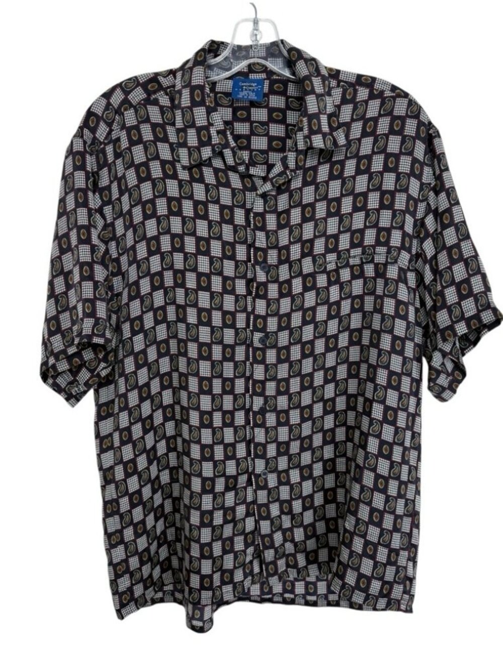 Vintage Silk Paisley Houndstooth Check Shirt Size Small Navy Blue 90s